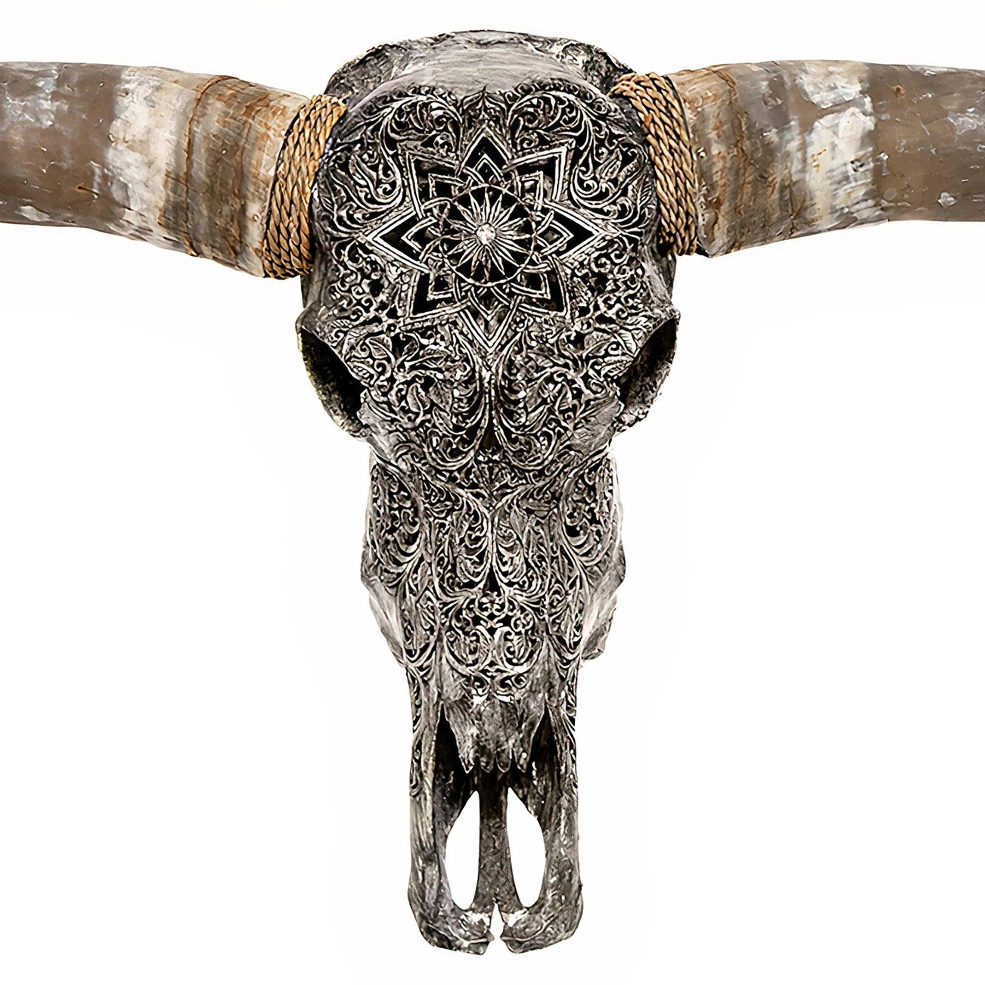 Grey Mandala Carved Longhorn Skull - Your Western Decor