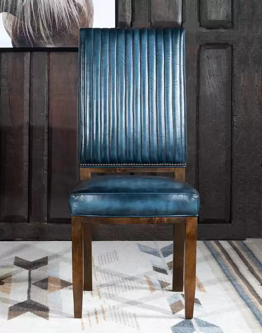 American made Luxury Blue Leather Dining Chairs with cowhide back - Your Western Decor