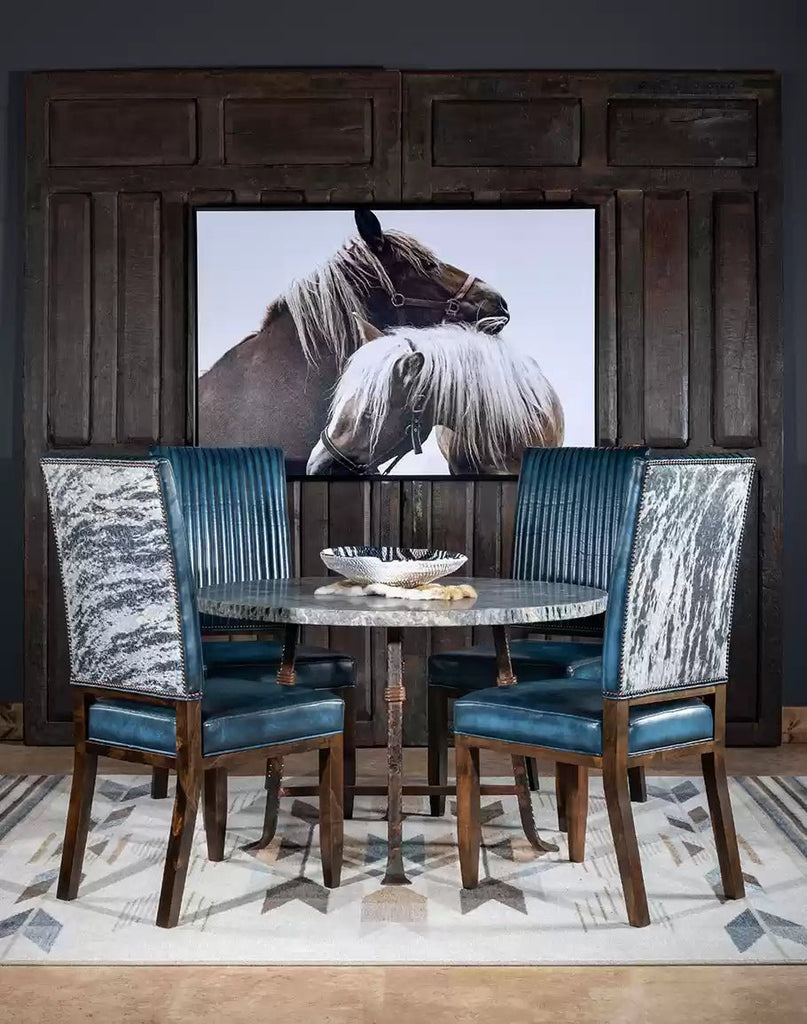 American made Luxury Blue Leather Dining Chairs with cowhide back - Your Western Decor
