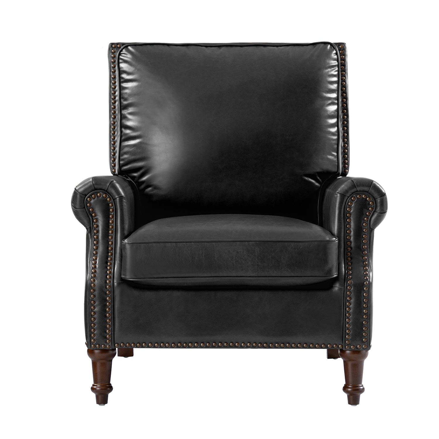 Midnight Canyon leather chair front view with  rolled arms, nailhead trim and black genuine leather upholstery