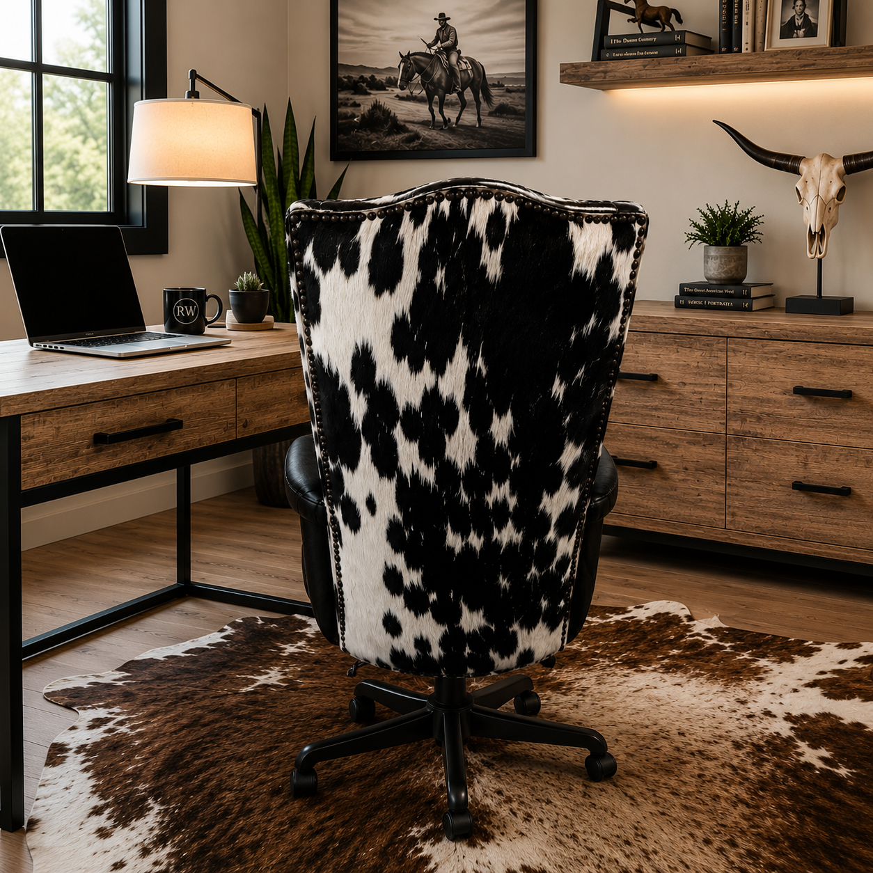 Midnight Ranch Cowhide Executive Office Chair viewed from the back in a rustic-modern Western home office, featuring genuine black and white cowhide upholstery, nailhead trim detailing, a rolling swivel base, and warm wood furnishings with cowboy-inspired décor.