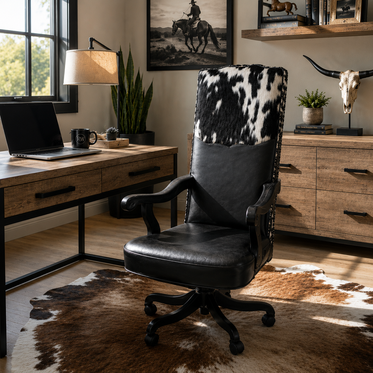 Midnight Ranch Cowhide Executive Office Chair front in a rustic-modern Western home office, featuring genuine black and white cowhide upholstery, nailhead trim detailing, a rolling swivel base, and warm wood furnishings with cowboy-inspired décor.