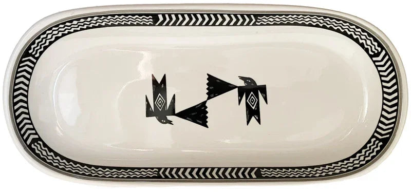 Rectangular ceramic dish with black Mimbreno geometric designs on a white background - Your Western Decor