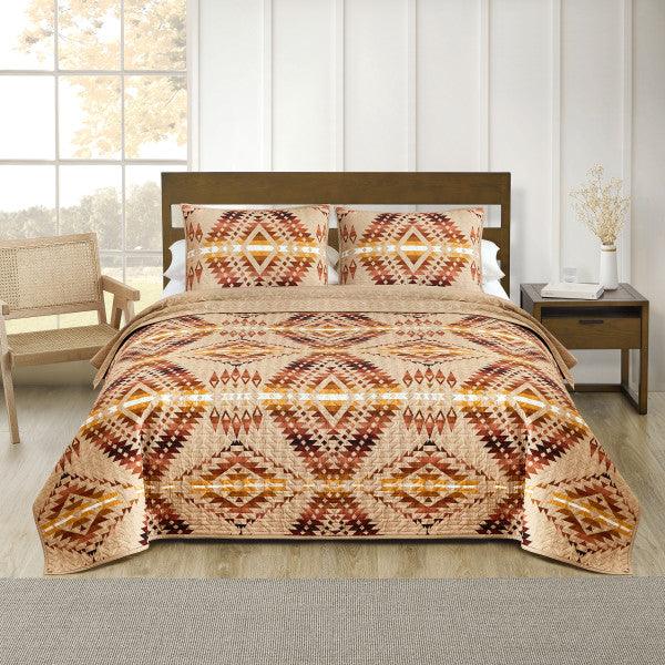 Mission Trails Irish Cream Coverlet Set - Cotton - Aztec Design - Tan, Reds, Browns & White - Quilt & 2 Shams - Your Western Decor