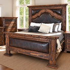 Rustic wood bed with tooled and padded leather footboard and headboard with matching dressers