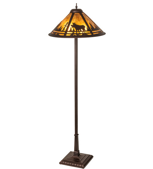 Moose Creek Floor lamp with a decorative shade featuring a moose woodlands design on a white background with amber mica shade