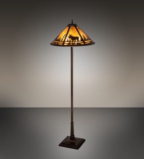 Moose creek floor lamp with amber mica shade and moose woodland scene with mahogany bronze base on grey background