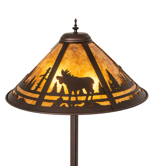 Moose creek floor lamp shade detail with bronze moose woodlands scene on amber mica shade
