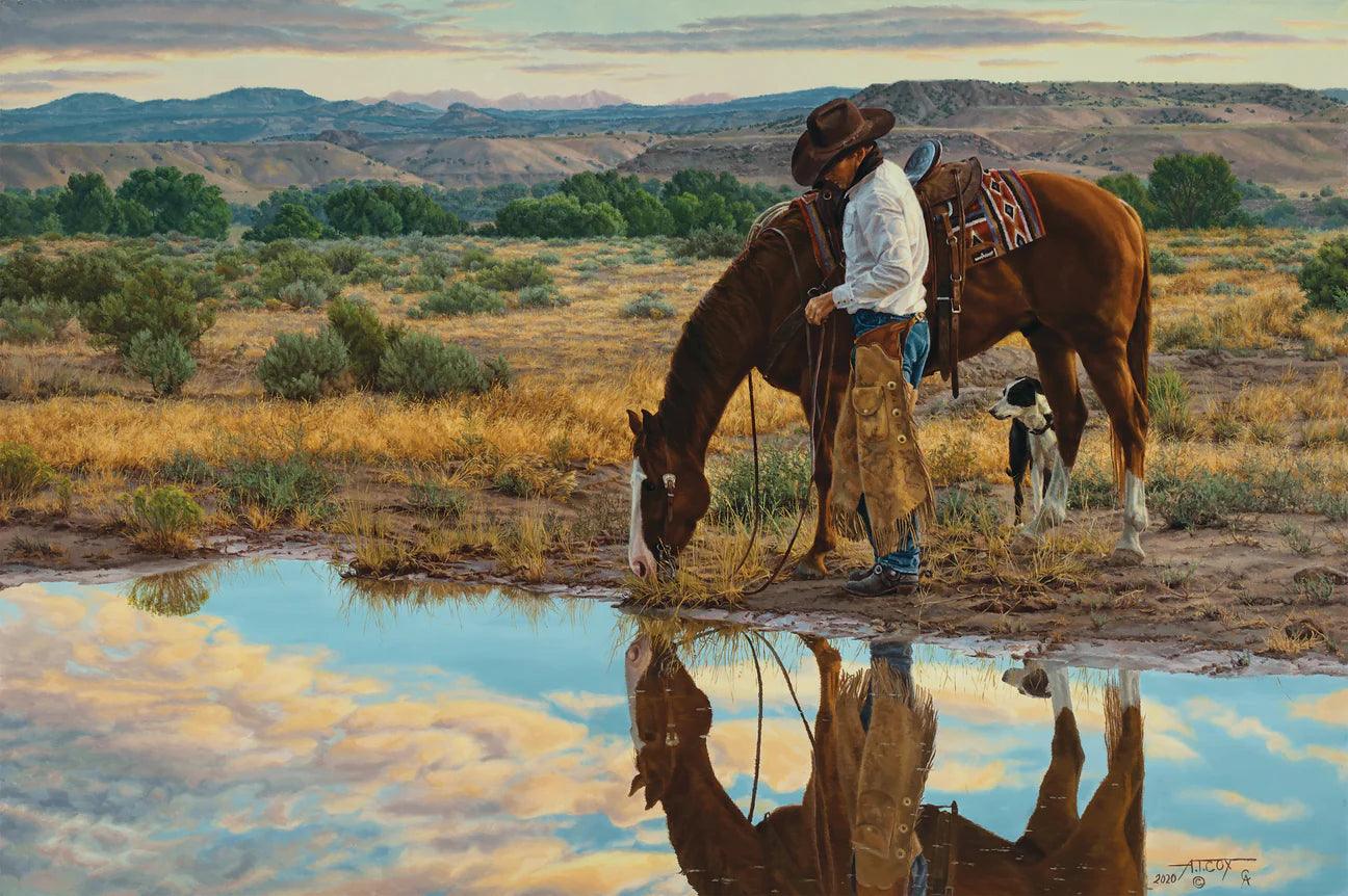 Cowboy, horse and dog at waters edge with the trios reflection in the water, western art - Your Western Decor