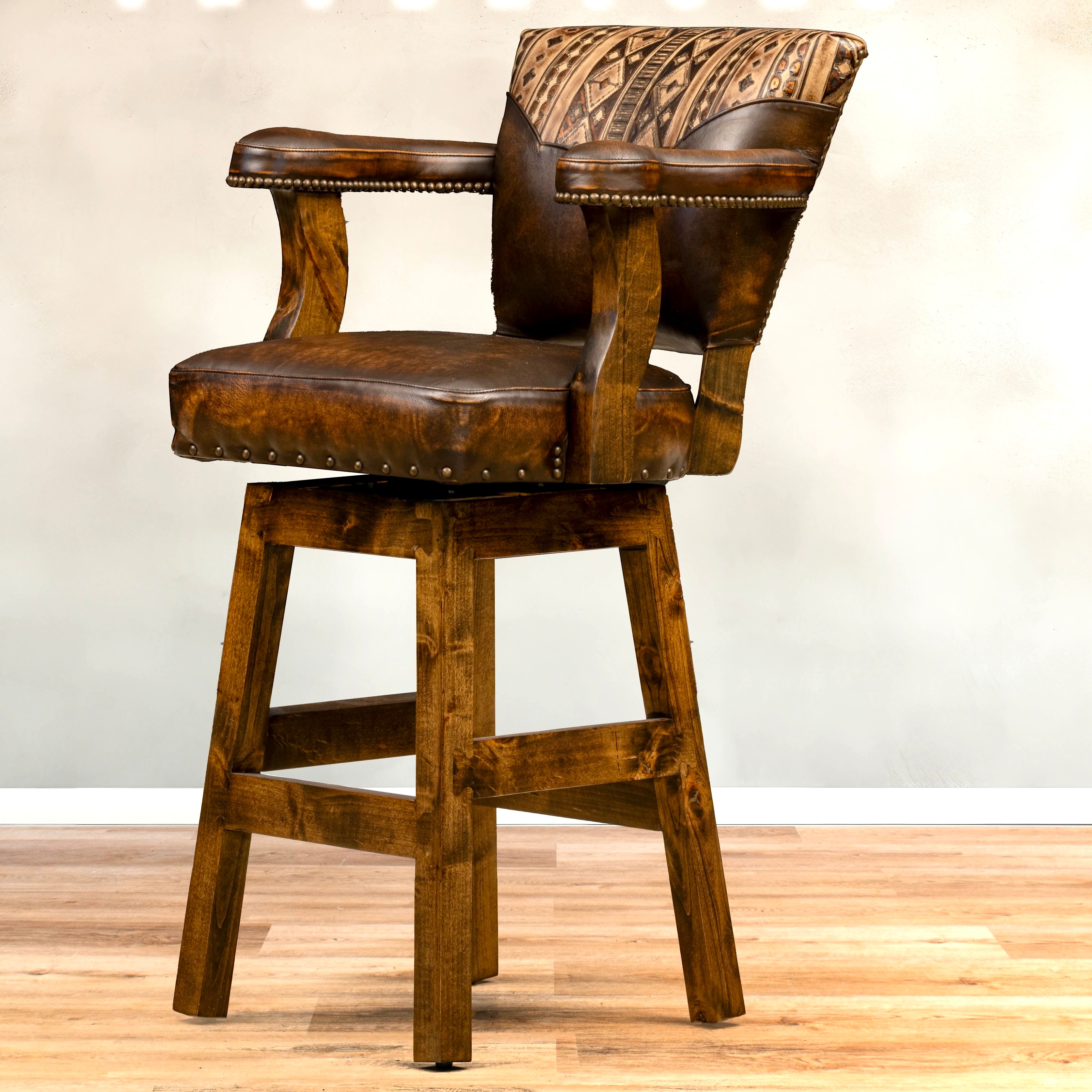 Navajo Leather Southwest Bar Stools with arms and swivel custom made in the USA - Your Western Decor