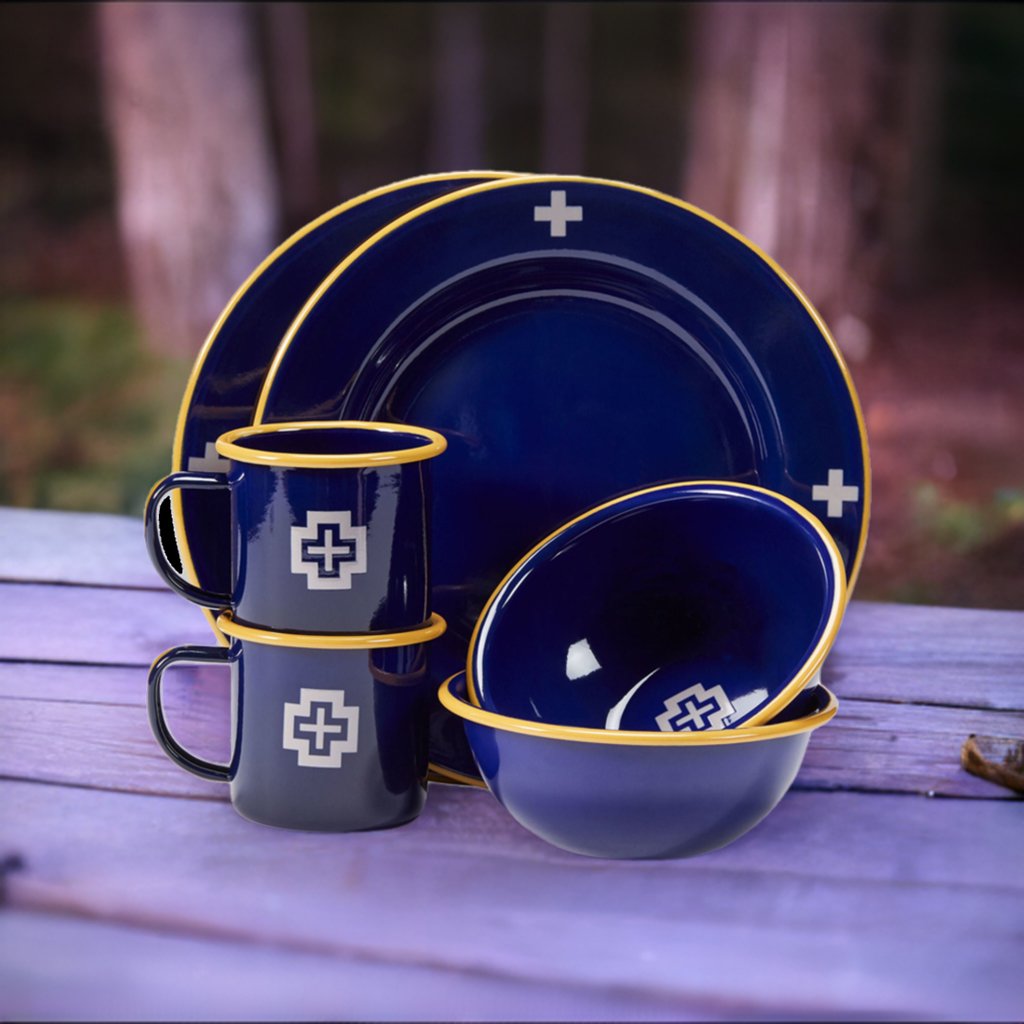 Navy and yellow rimmed Pendleton enamelware dishes outdoor dining - Your Western Decor 