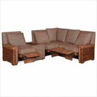 New Haven recliner sectional featuring three reclining seats, leather arm panels, textured herringbone upholstery, and built-in center console table.