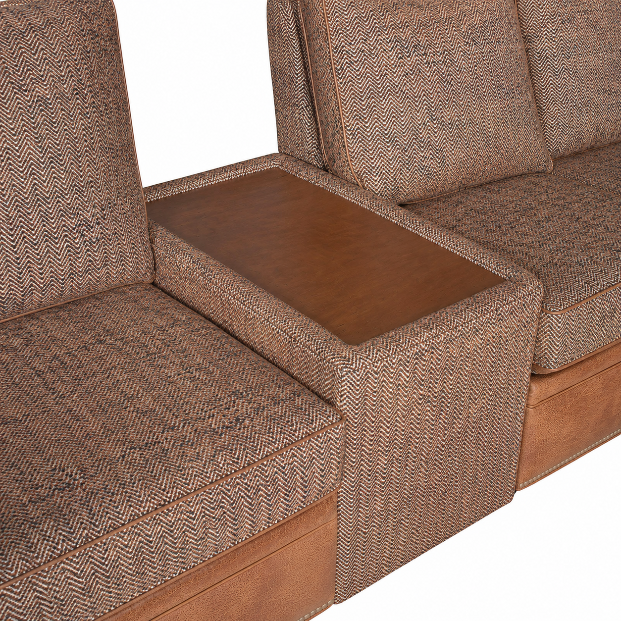 Close-up of the New Haven sectional's upholstered center console table featuring a wood insert, textured herringbone fabric, and leather-trimmed seating.