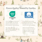 Cotton brand certification logos with text on a nature-themed background