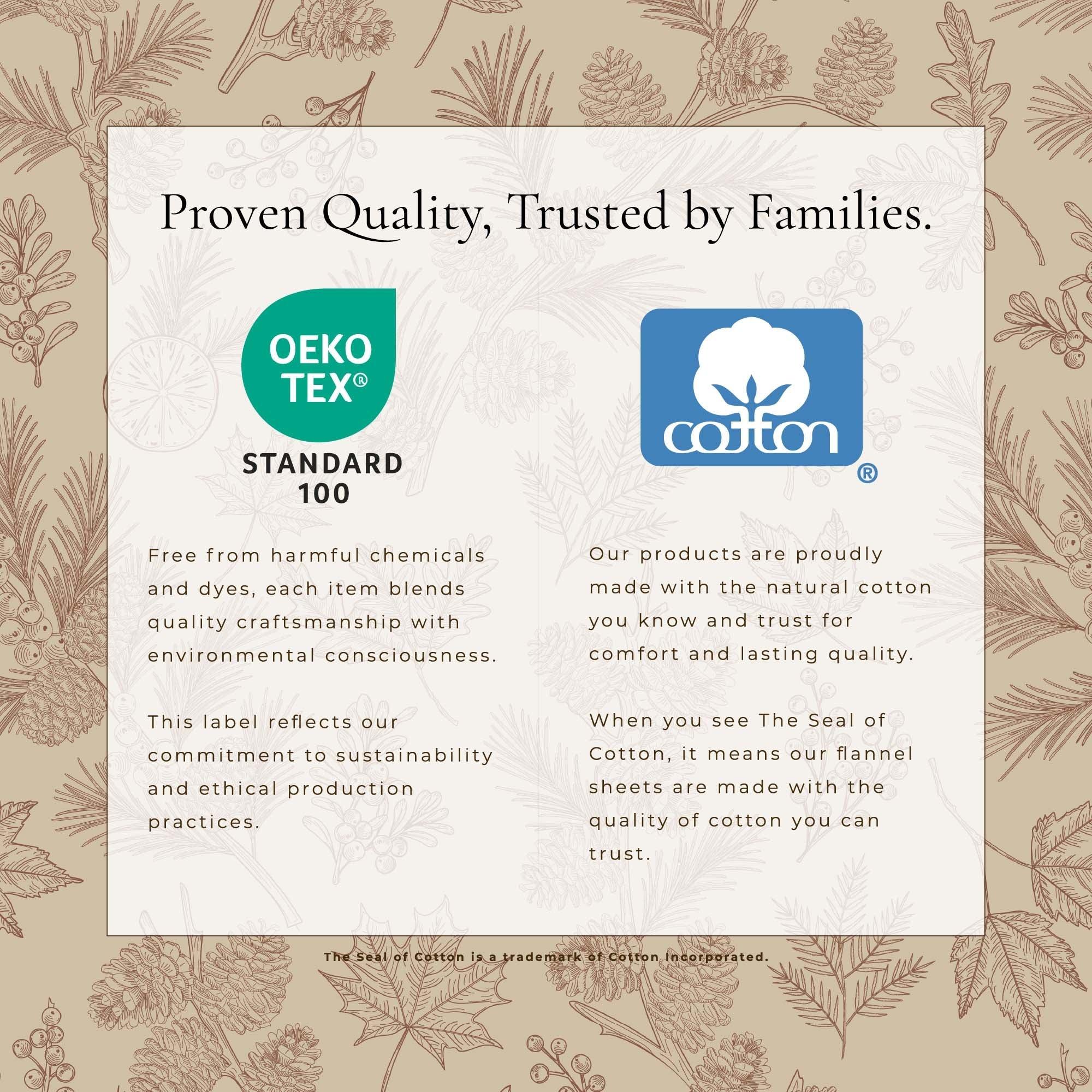 Cotton brand flannel sheets with OEKO-TEX and Cotton logos on a patterned background