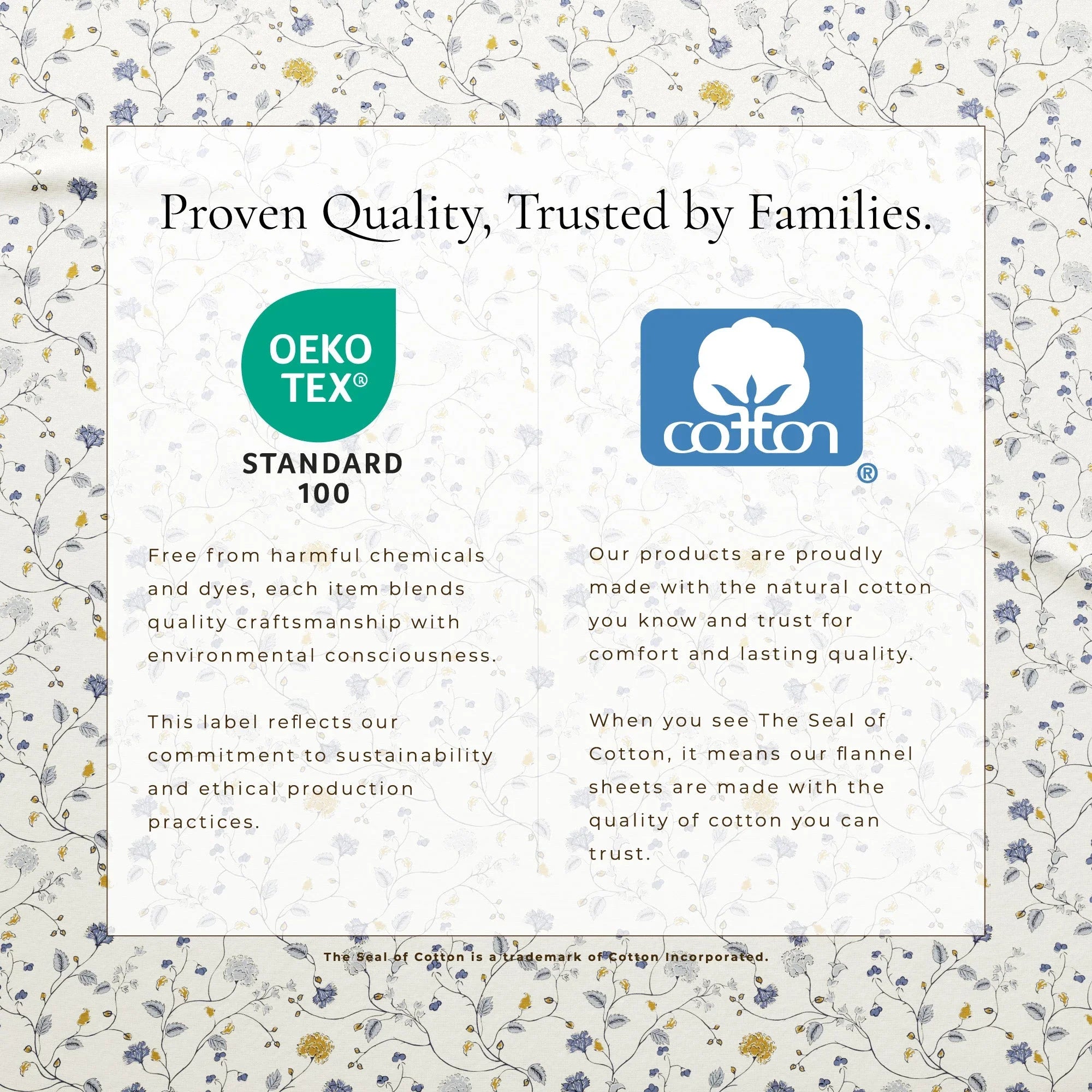 Cotton brand advertisement with OEKO-TEX and Cotton logos on a floral patterned background.