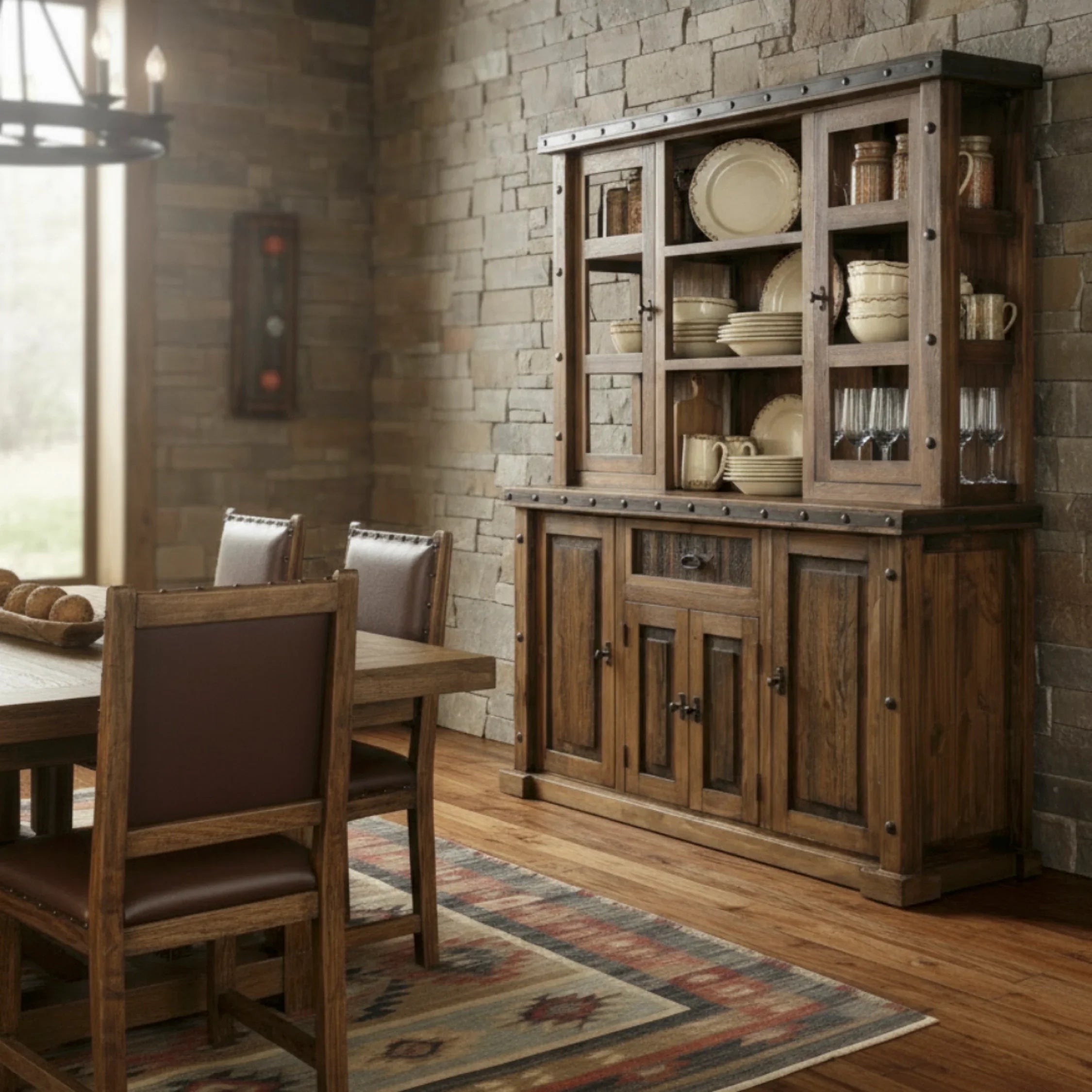 Dining room with wooden furniture and stone walls - Your Western Decor