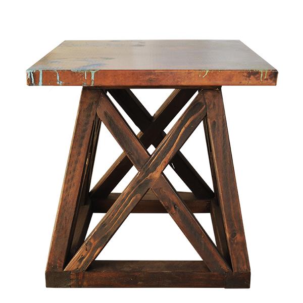 Oil Derrick Copper Coffee Table - Copper Top & Wood Base - Subtle Blue on table top - X Leg base - Your Western Decor