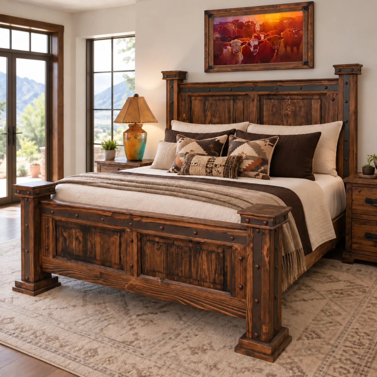 A rustic dark brown wooden bed frame with a tall headboard and matching footboard, styled in a bedroom with beige bedding, brown and cream pillows, a patterned area rug, and a framed landscape painting on the wall.