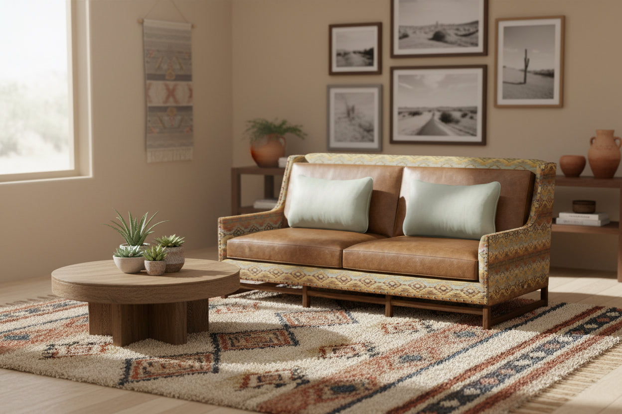 Brown leather sofa with patterned backrest and light gray cushions on a white background
