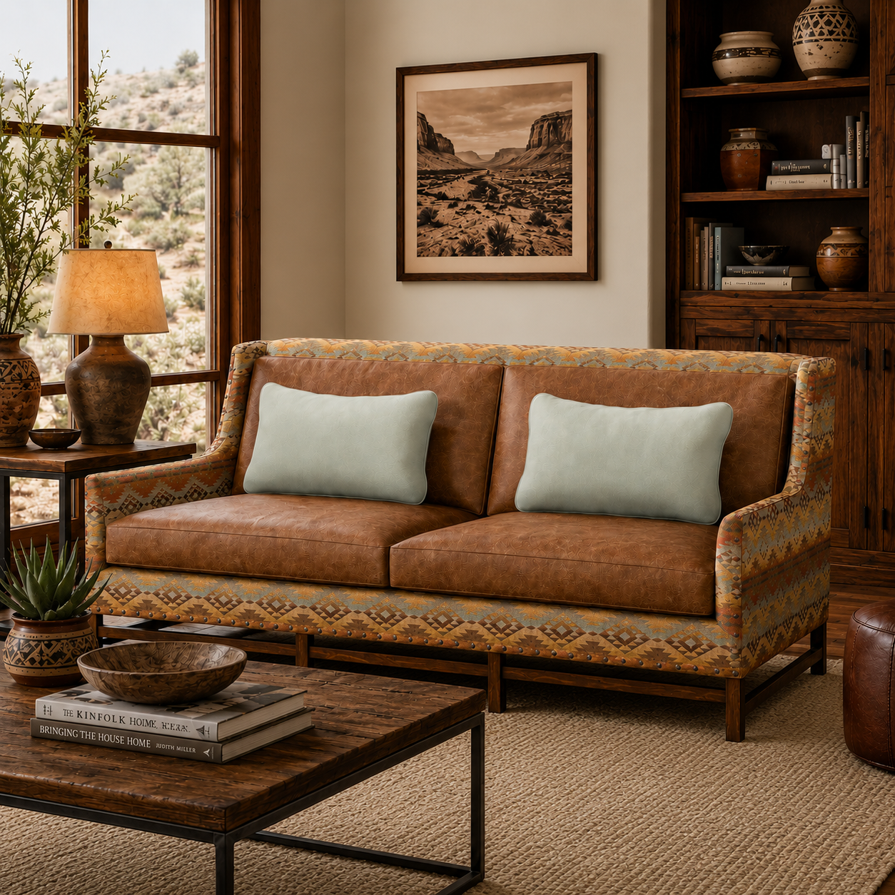 Paddy Southwestern leather loveseat in a warm rustic living room with smooth painted walls, neutral woven rug, wood shelving, desert landscape artwork, and natural sunlight. The loveseat features rich brown leather cushions, geometric patterned upholstery, nailhead trim, and wood framing for a cozy western-inspired look.