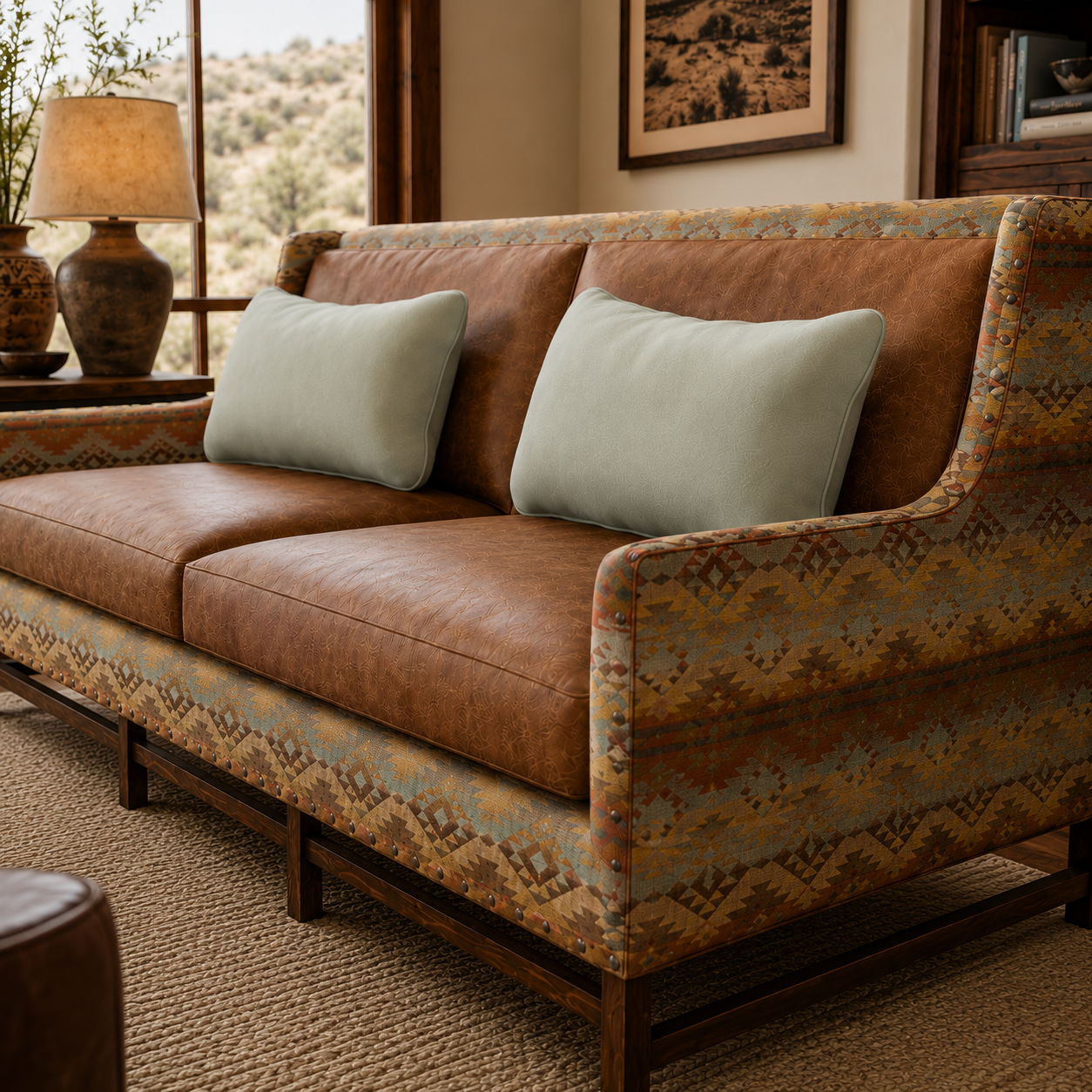 Close-up angled view of a Paddy Southwestern leather loveseat with rich brown leather cushions, geometric patterned fabric upholstery, nailhead trim, and dark wood framing. Styled in a warm rustic living room with soft natural light, neutral woven rug, and desert-inspired decor.