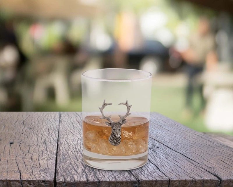 Rustic charming cocktail glass with carved pewter elk embellishment - Your Western Decor