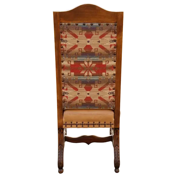 Wooden chair with patterned backrest on a white background