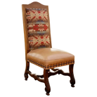 Chair with patterned backrest and leather seat on a white background
