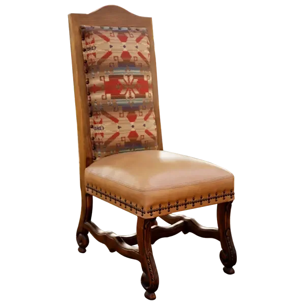 Chair with patterned backrest and leather seat on a white background