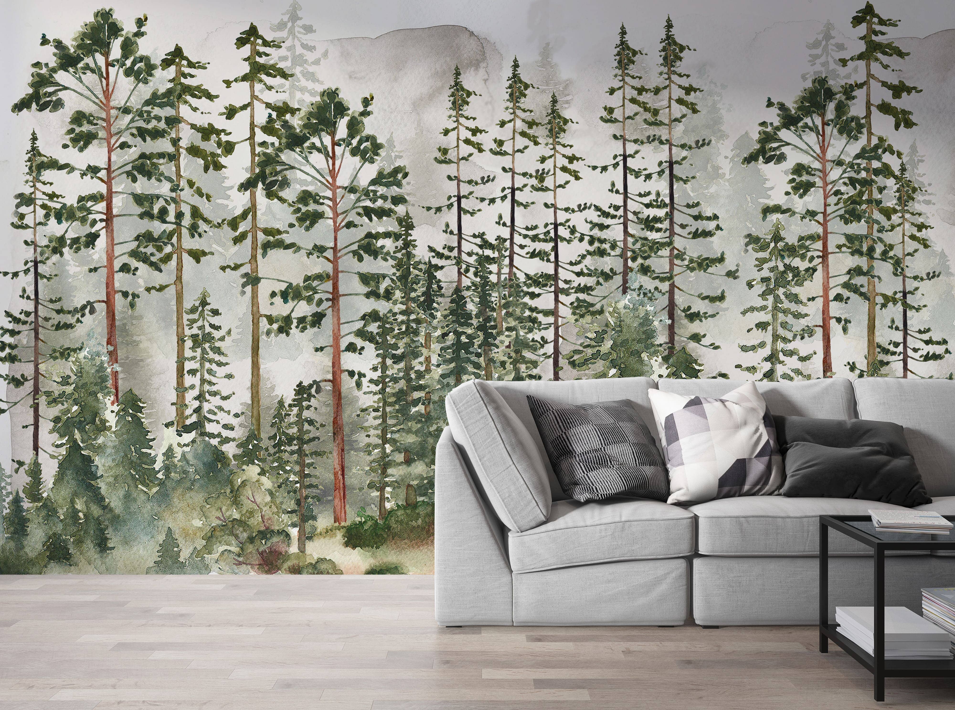 Pine Tree Watercolor Wallpaper - Green Pine trees - watercolor design - grey background - Your Western Decor