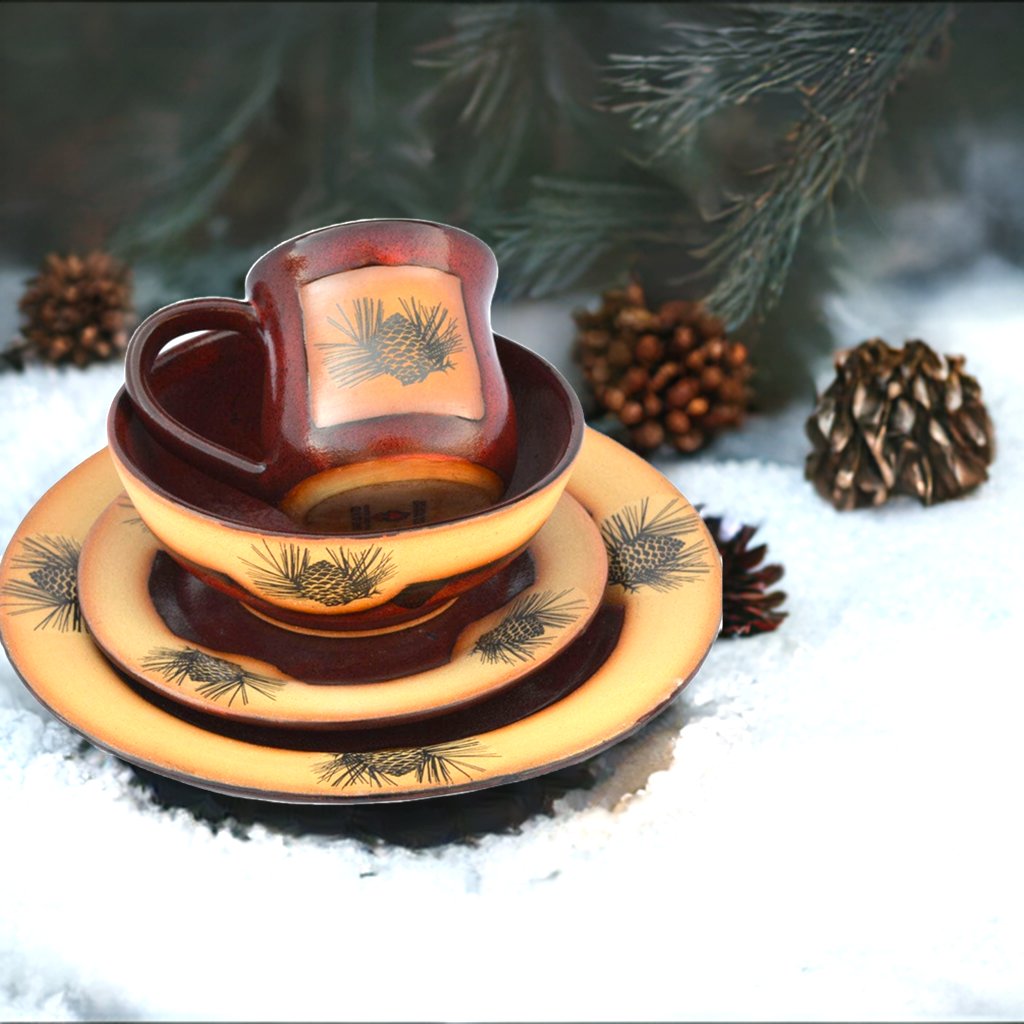 Handmade pottery dinnerware with pinecones and red finish made in the USA - Your Western Decor