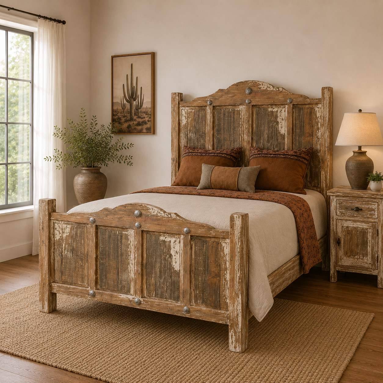 Rustic farmhouse bedroom featuring a distressed wood bed with a tall paneled headboard and matching curved footboard with decorative metal accents. The room includes warm neutral bedding, southwestern-inspired pillows, a woven natural fiber rug
