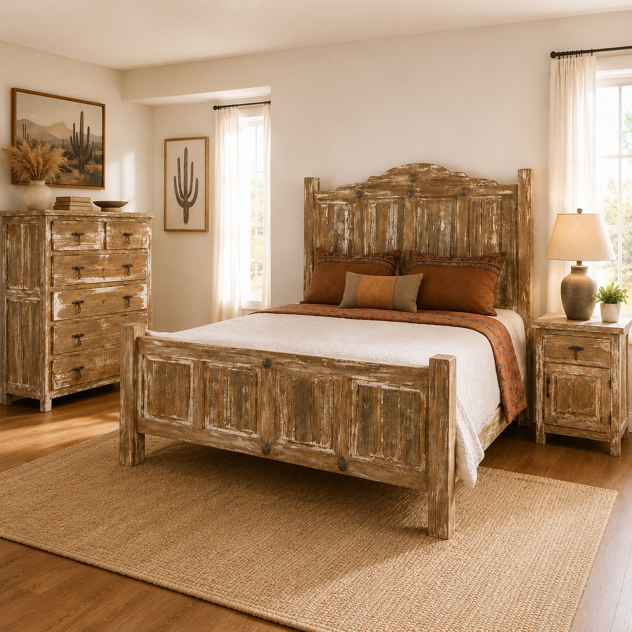 Puebla Hacienda Bedroom Set with Bed frame, nightstand and tall chest of drawers in a whitewash finish and metal hardware in a southwest style bedroom