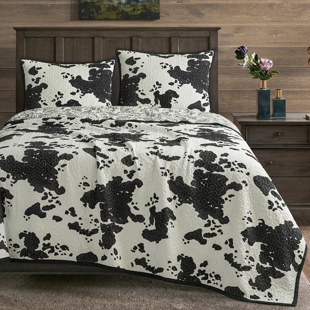 Cowhide Print Reversible Quilt Set Black/White - Western Bedding - Your Western Decor