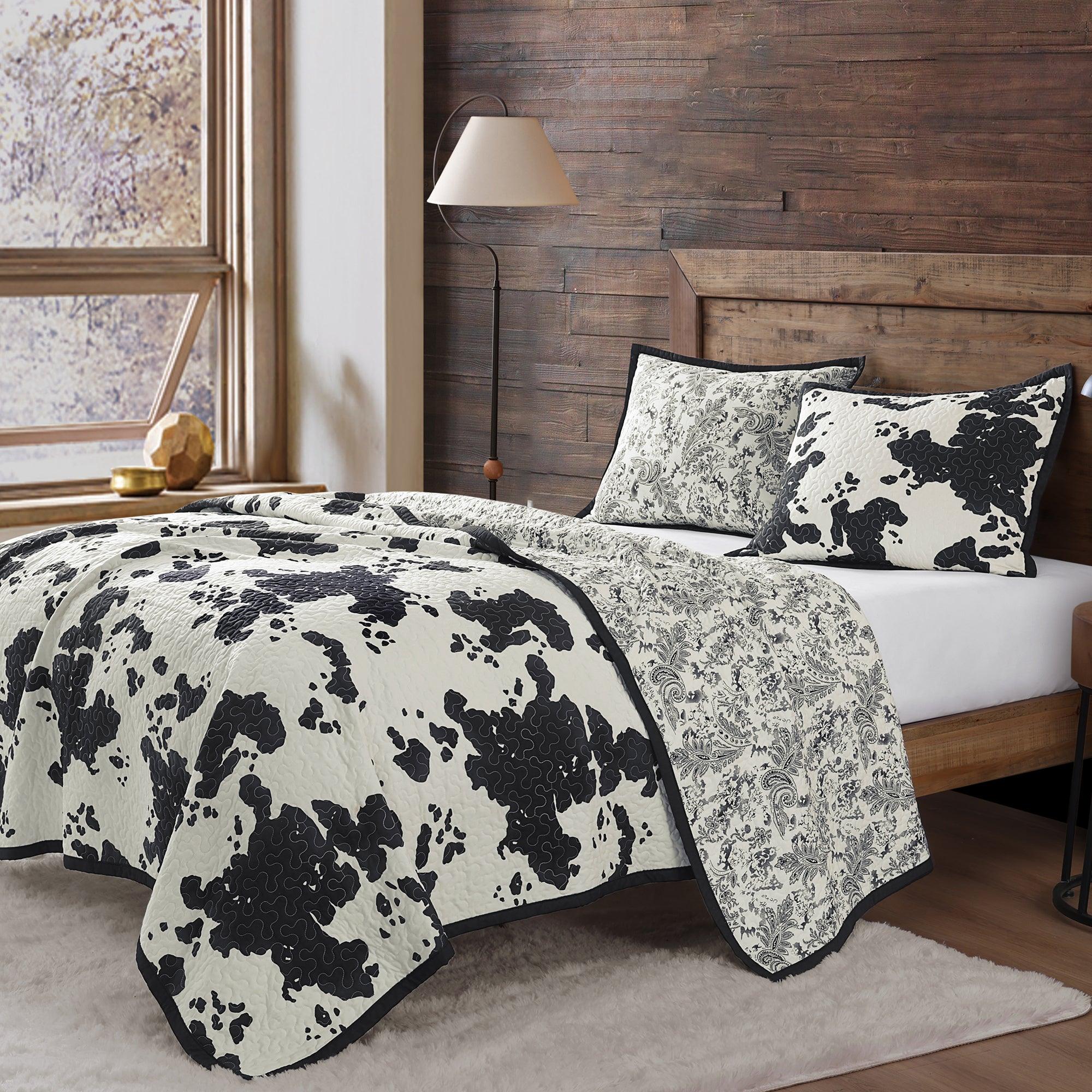 Cowhide Print Reversible Quilt Set Black/White - Western Bedding - Your Western Decor