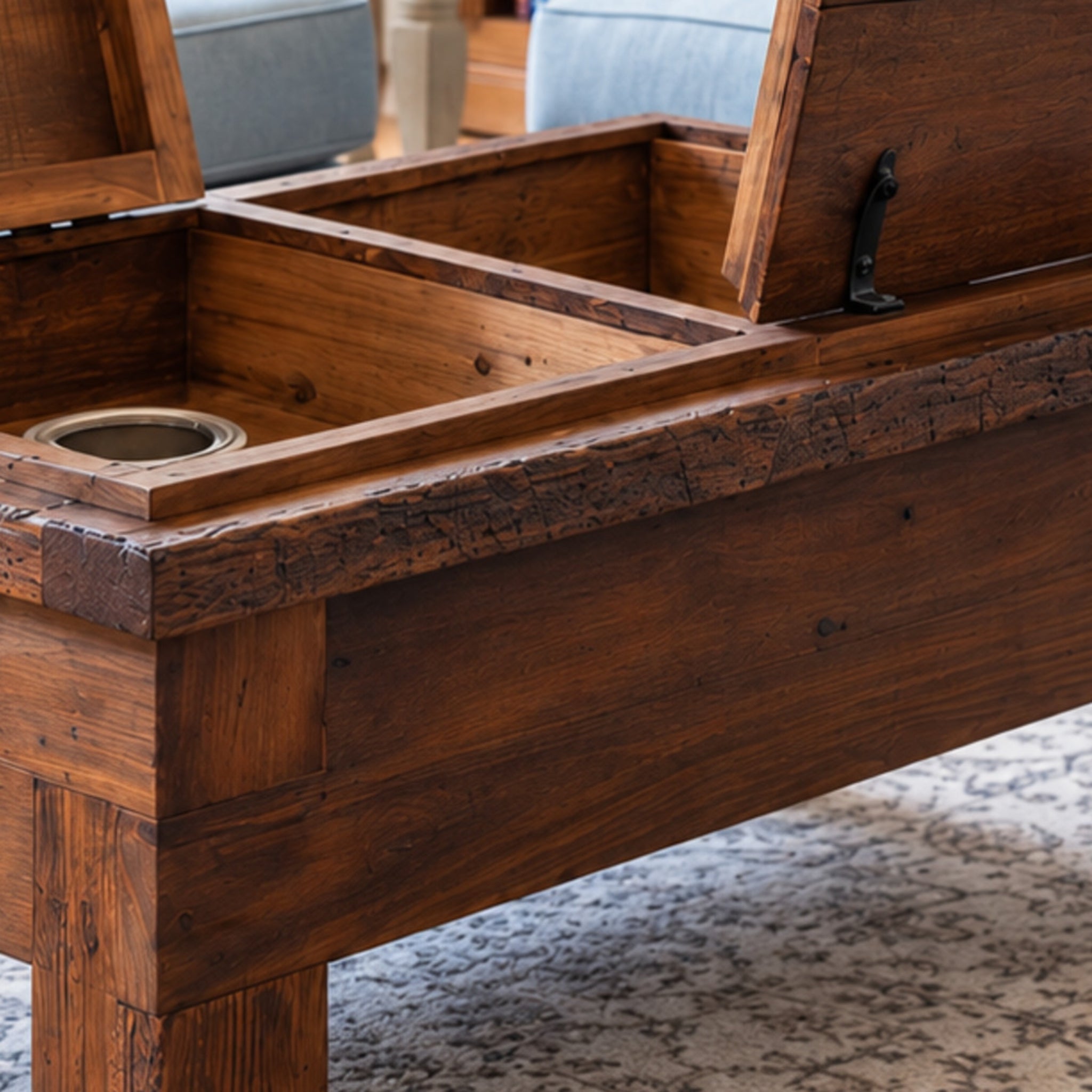 Reclaimed barnwood coffee table wood detail close up image 