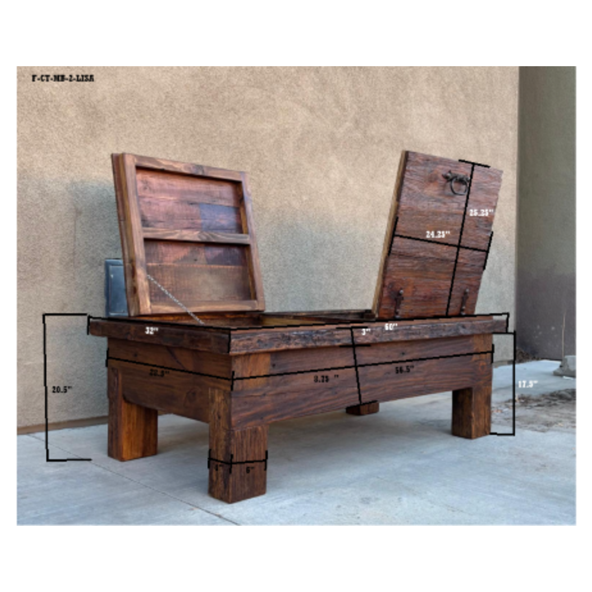 A dark brown wooden storage bench or chest with two hinged lids shown open, overlaid with black dimension lines and measurements on a stucco wall and concrete floor background.