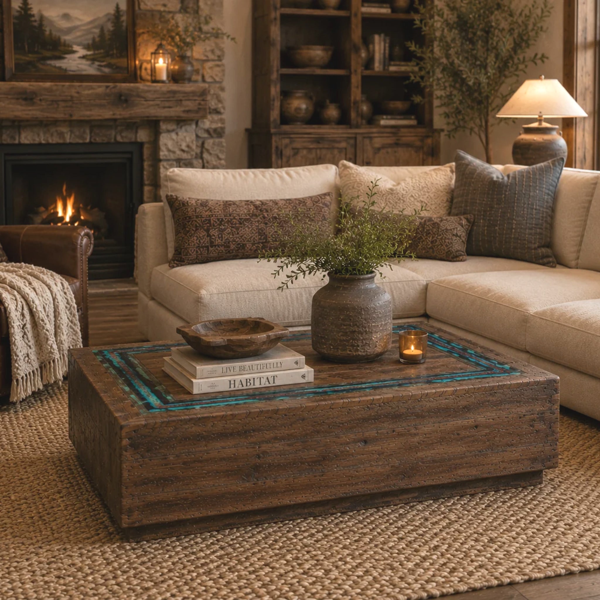 A rustic rectangular wooden coffee table with a distressed finish and turquoise glass trim sits in a cozy living room with a cream sectional sofa, patterned throw pillows, a fireplace, and a woven rug.