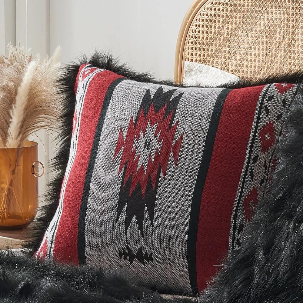 Faux Fur Aztec Pillow Covers Red+Black.Your Western Decor