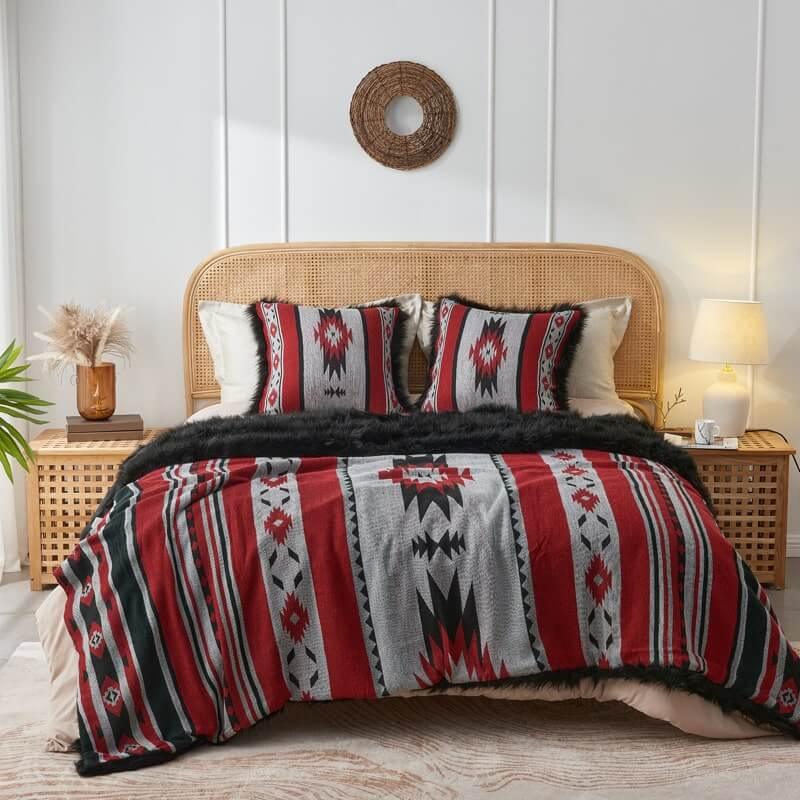 Faux Fur Aztec Blanket Red+Black - Your Western Decor