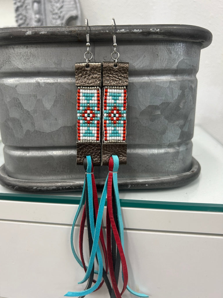 Red & Turquoise Hand Beaded Earrings - Your Western Decor