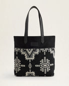 Rock Point Market Tote - Wool & Cotton - Black & White Pattern - Leather Straps with Leather Pendleton Logo - Two Front Large Pockets - Your Western Decor