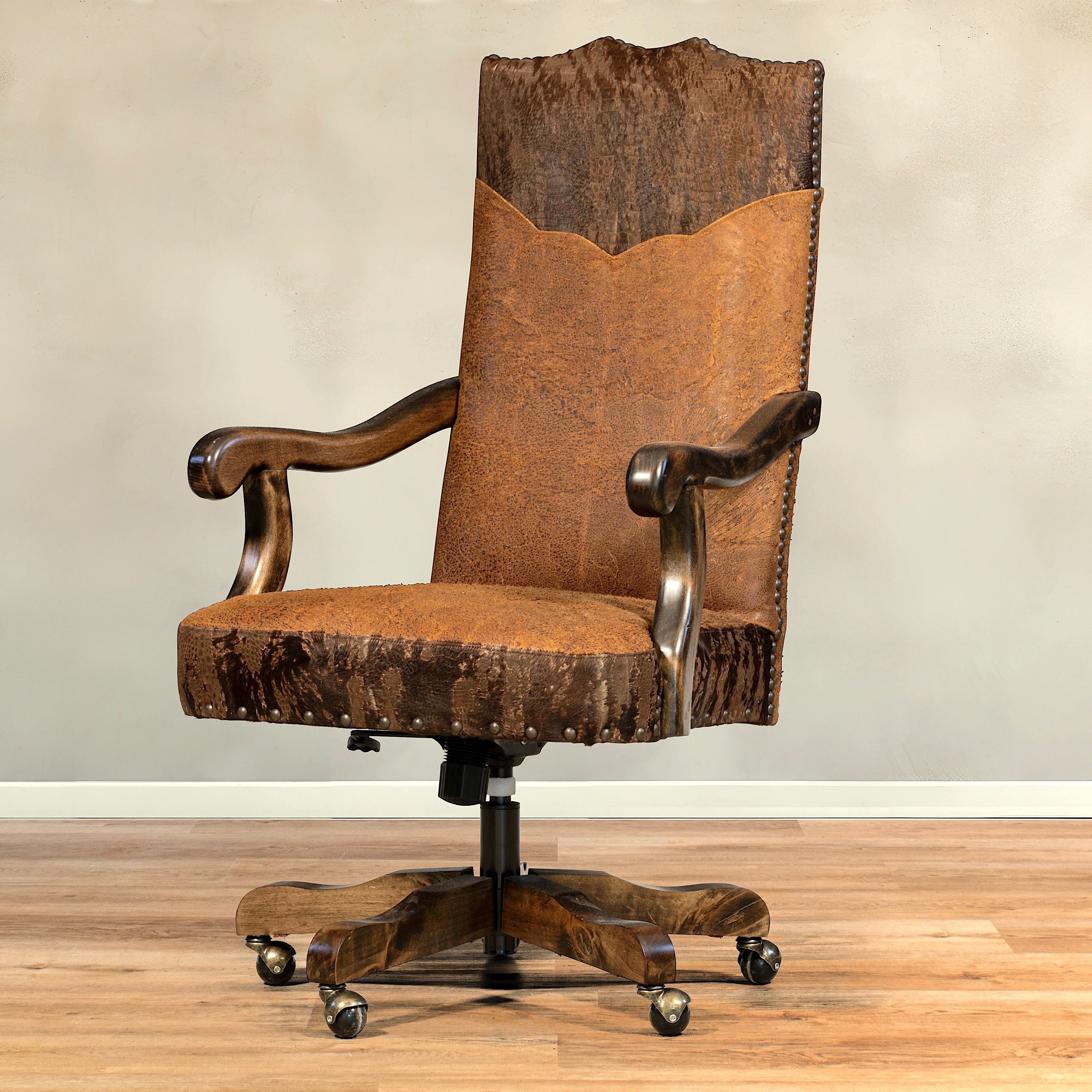 Roughout leather and acid wash cowhide western desk chair made in the USA - Your Western Decor