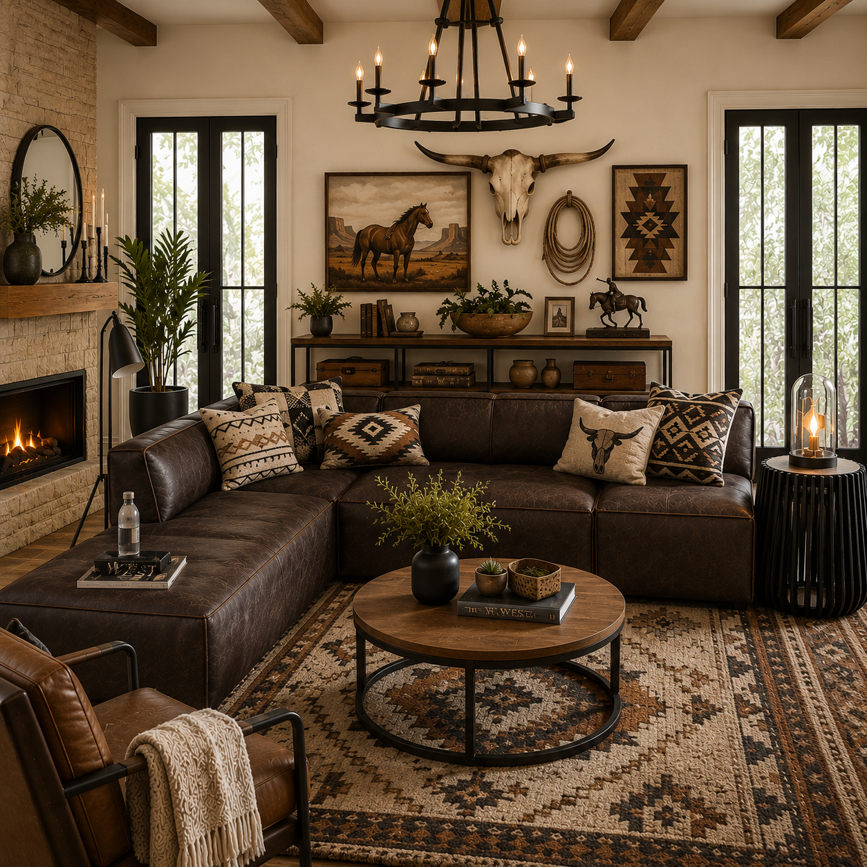 Modern western living room featuring a dark brown leather sectional sofa with rustic contemporary styling, southwestern accent pillows, a neutral tribal area rug, and curated western wall decor including a longhorn skull, horse artwork, and rope accents. Warm wood ceiling beams, black framed French doors, a stone fireplace, and layered natural textures create a cozy luxury ranch-inspired interior with upscale modern western design.