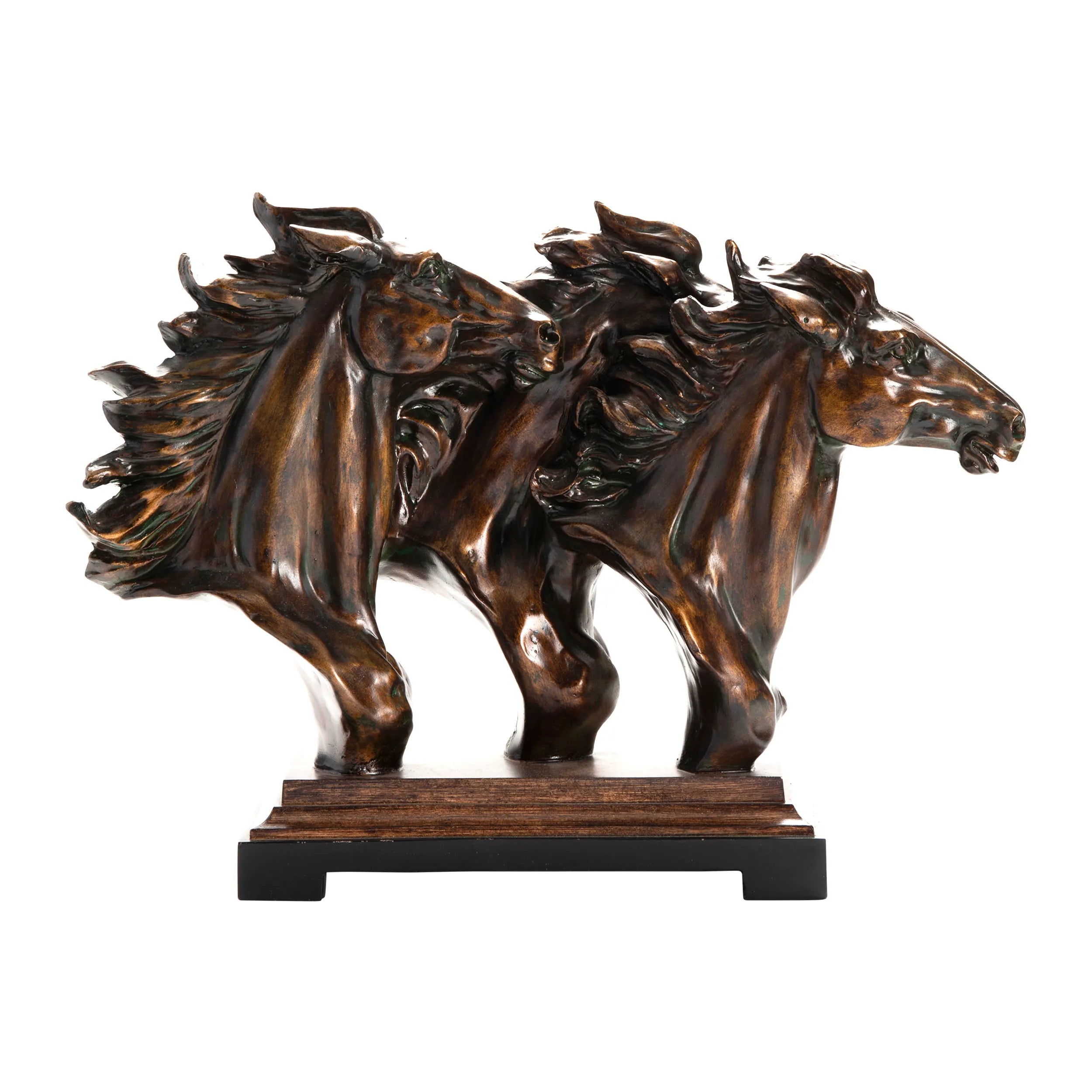 Run Free Horse Statue - Bronze Finish - 3 Horse Heads - Wood Stand - Your Western Decor