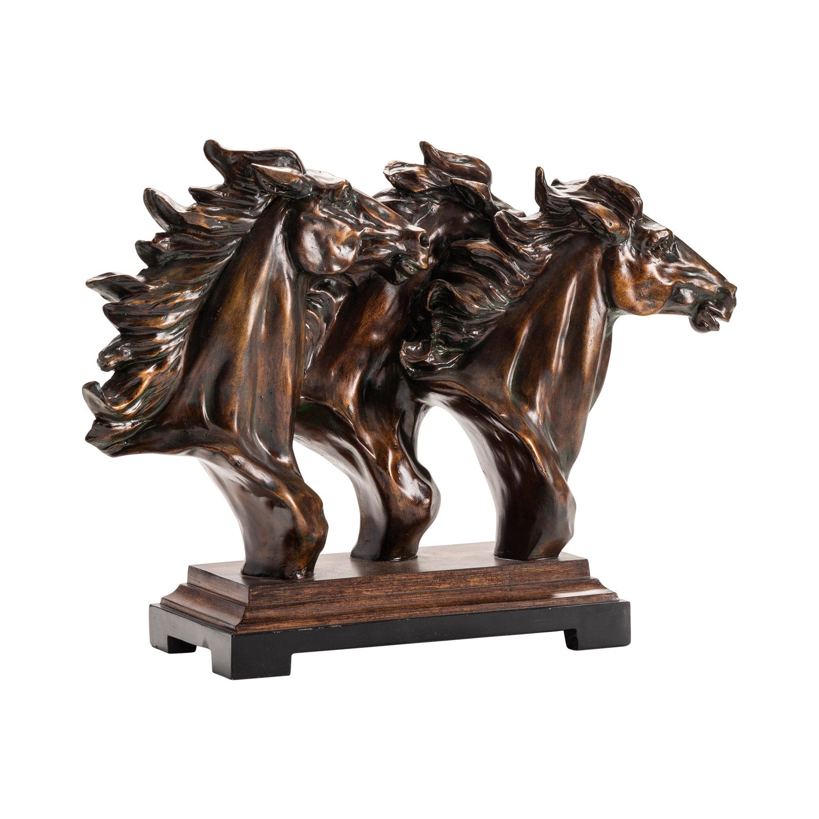 Run Free Horse Statue - Bronze Finish - 3 Horse Heads - Wood Stand - Your Western Decor