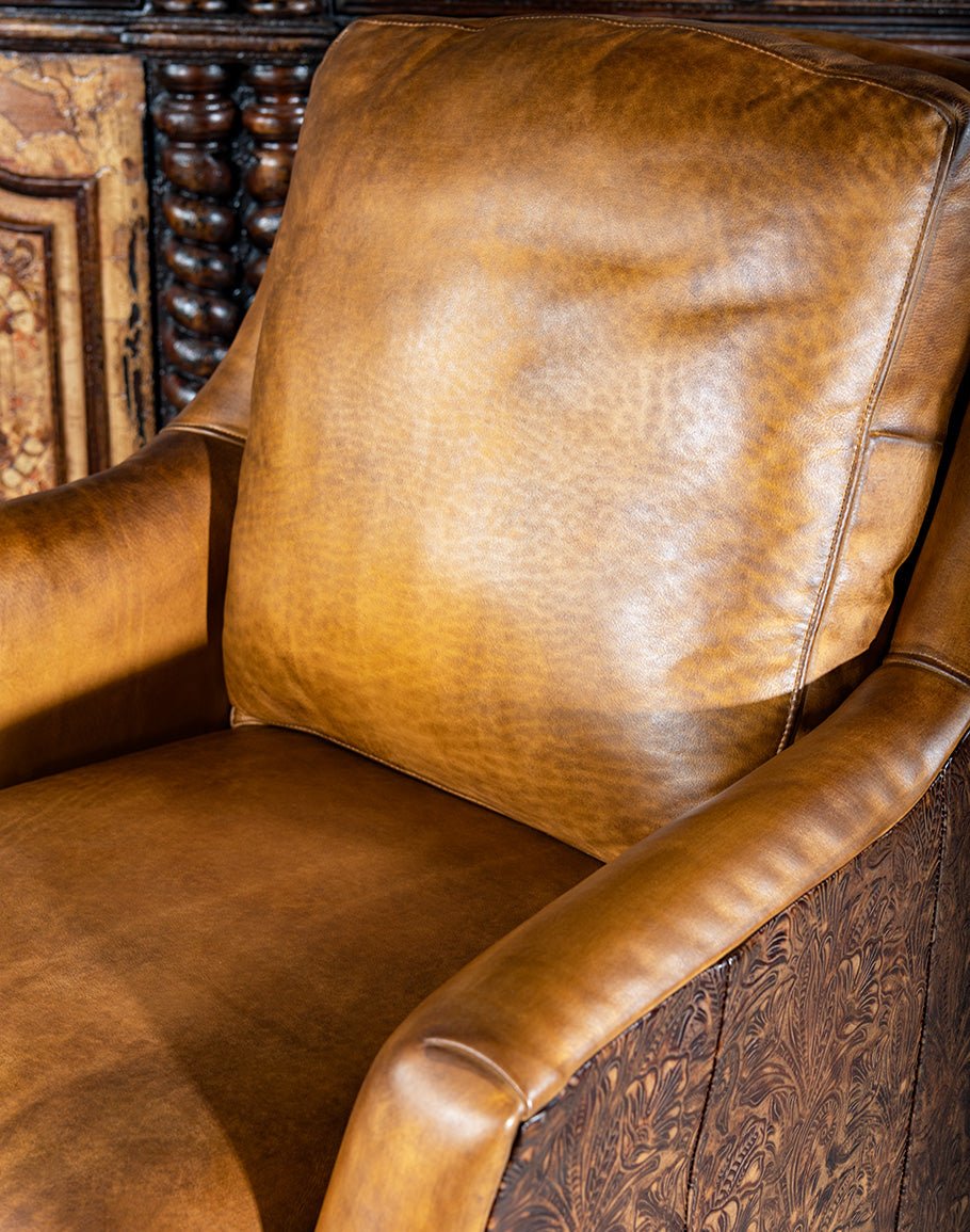 Rustic Western Embossed Leather Swivel Glider - American Made Western Furniture - Your Western Decor