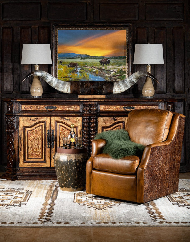 Rustic Western Embossed Leather Swivel Glider - American Made Western Furniture - Your Western Decor
