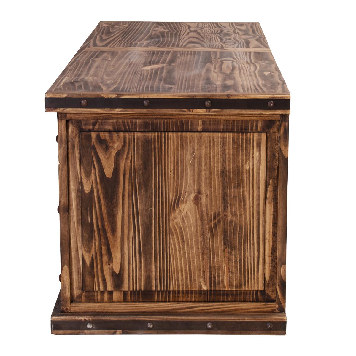 A rustic dark brown wooden office desk end with a paneled front door and metal corner accents, shown against a plain white background.